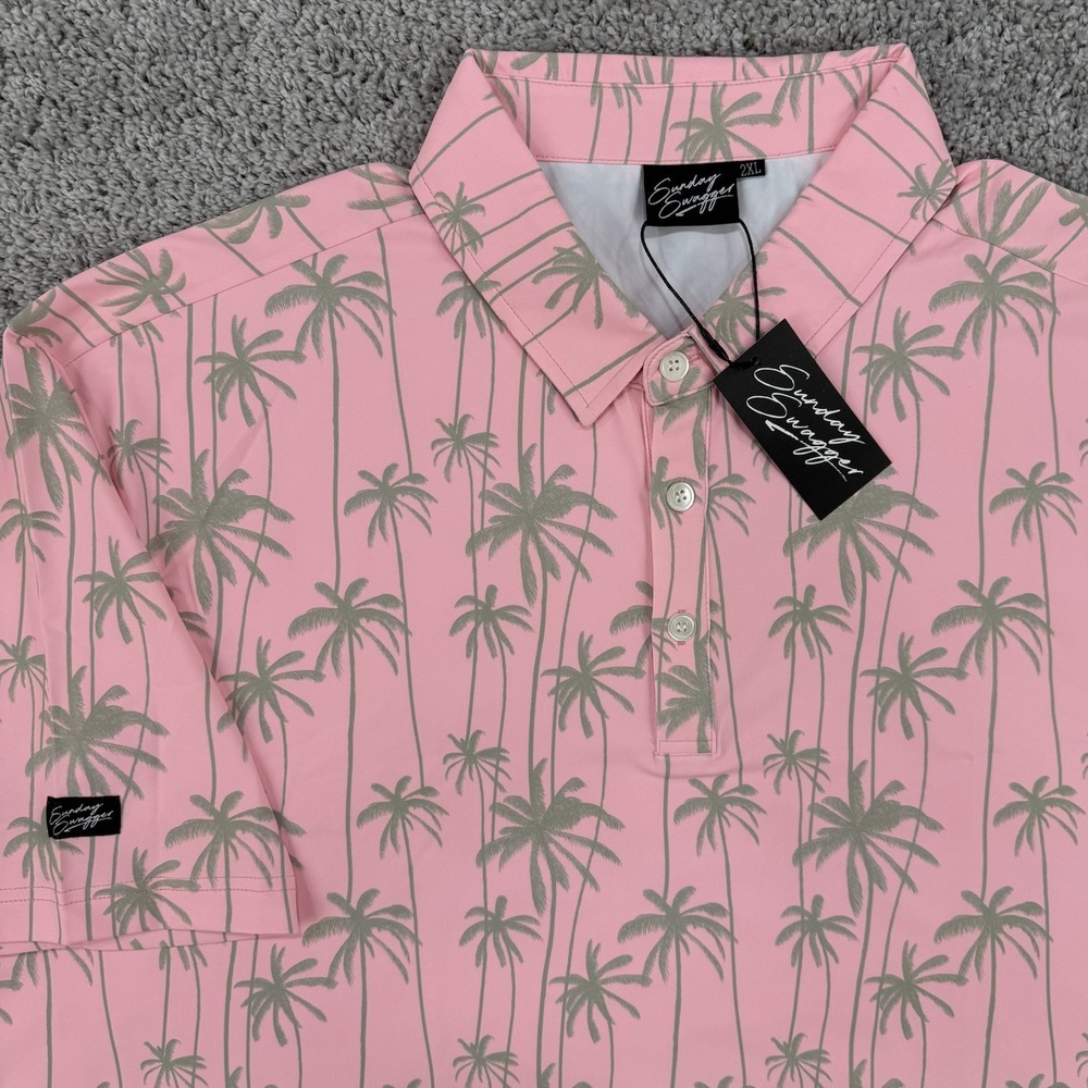 Sunday Swagger Stylin Polo Men's 2XL NWT Pink Palm Tree AOP Performance Golf